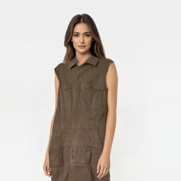 Spicy Sugar Khaki Sleeveless Collar Military Utility Dress 100% Cotton Size S - Picture 2 of 6